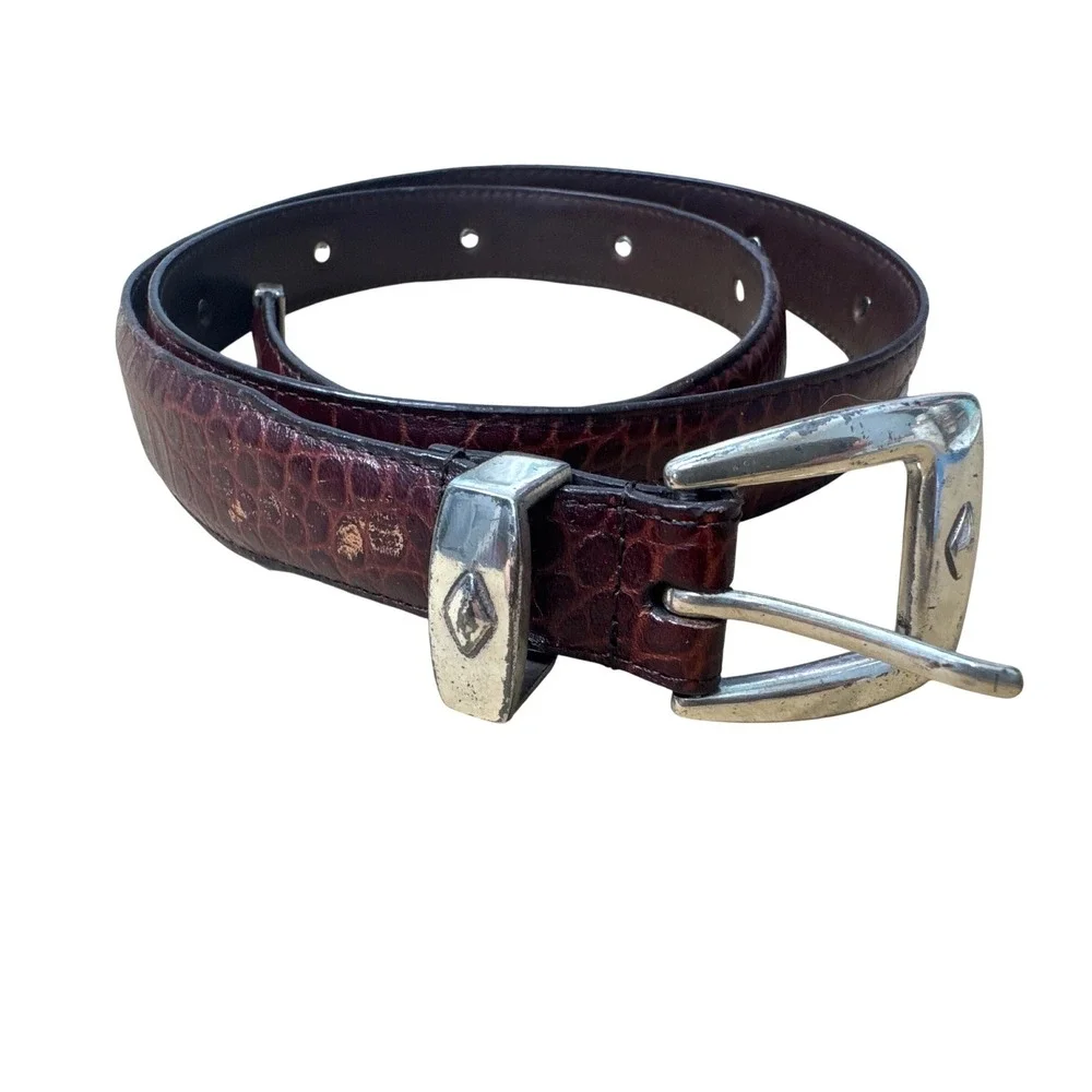 Brown Croc Embossed Leather Belt Good Studded Diamond Concho Western Boho Y2K
